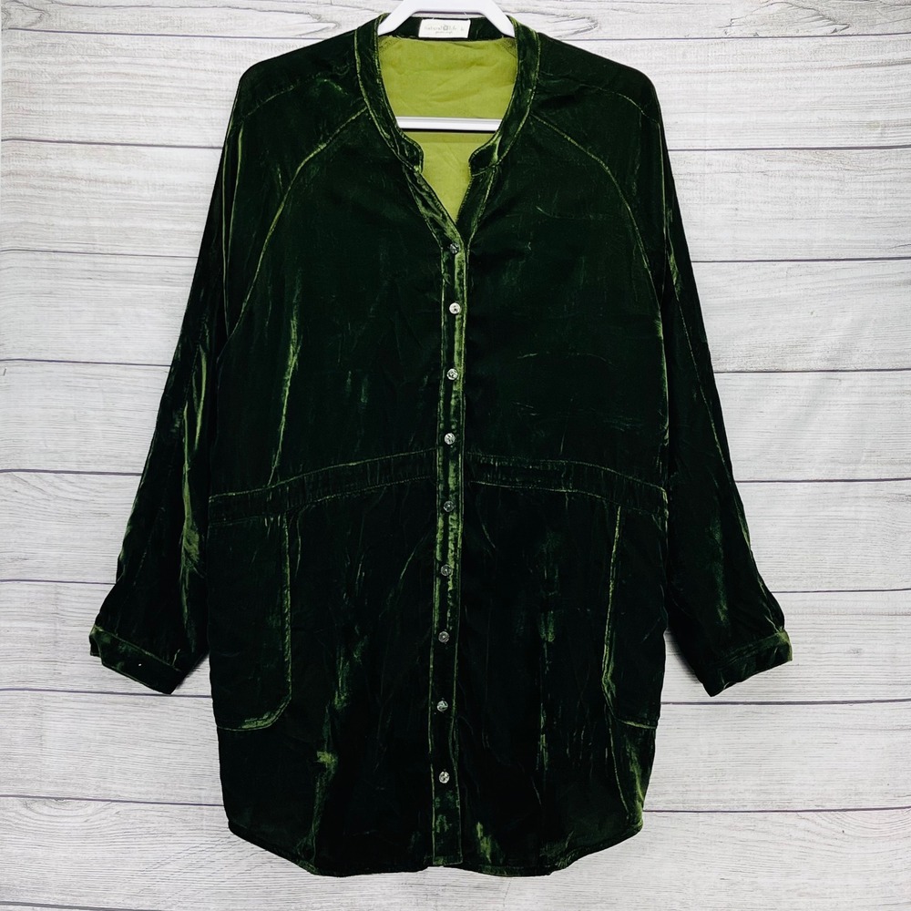 Natural Life Womens Velvet Button Down Shirt Jacket Forest Green Large Boho
